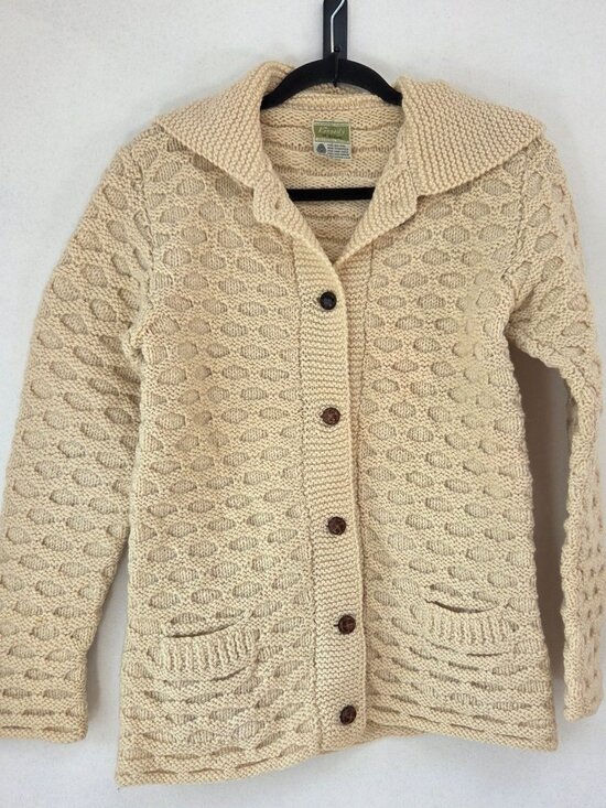 Vintage Sweaters - Kennedy of Adara 100% Wool Cream Fisherman Hand Knit Cardigan Sweater Ireland S